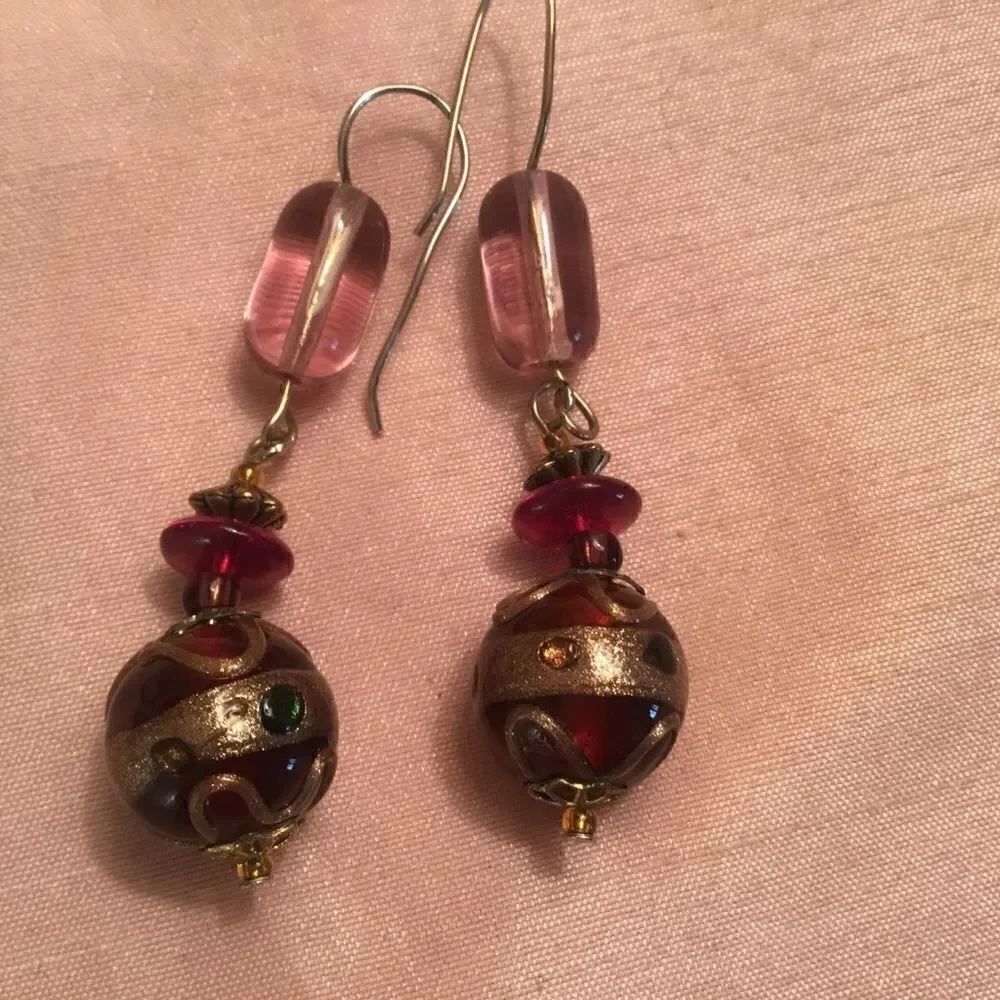 Goldtone Ear Wires w/Red Lamp Work Beads